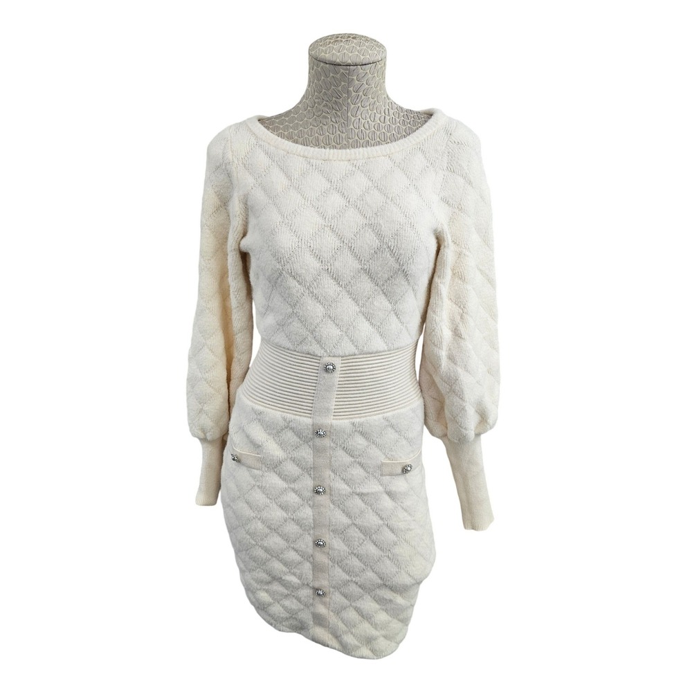 Express Ivory Quilted Knit Mini Sweater Dress Pearl Buttons Puff Sleeve XS New